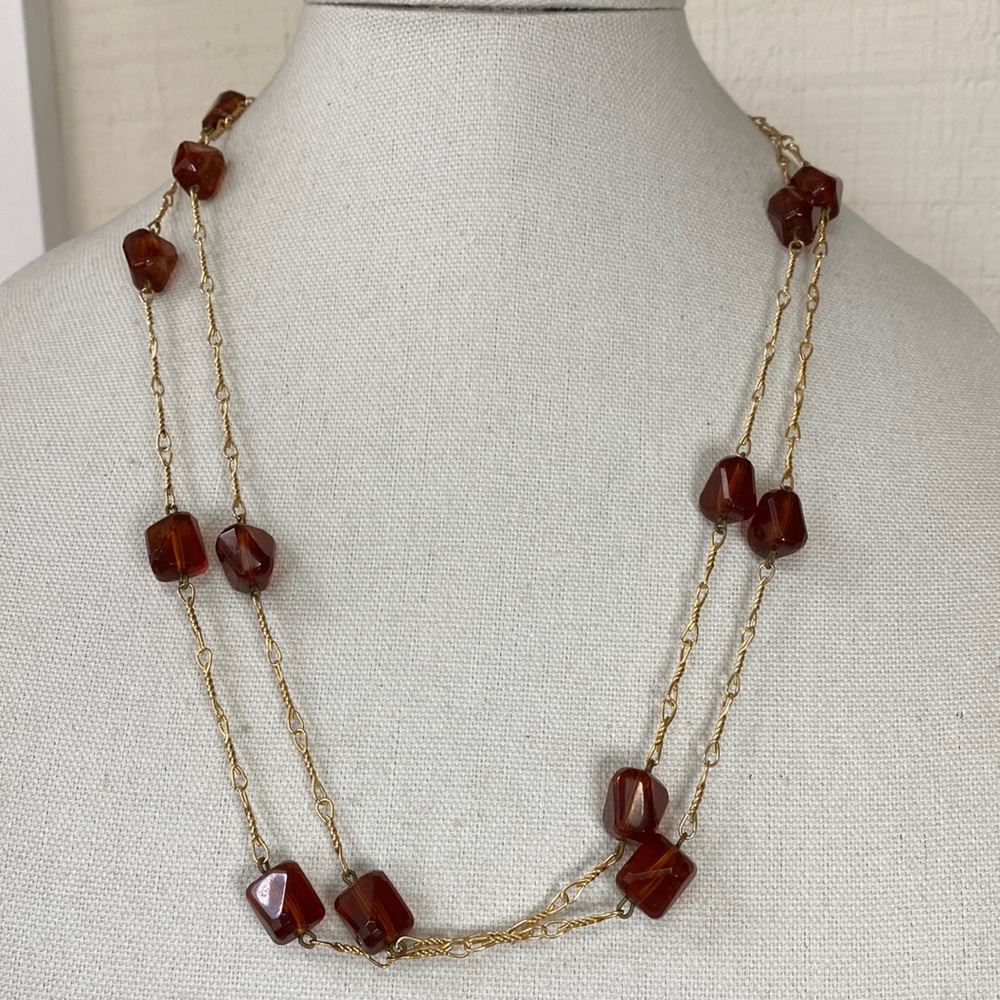Long intricate Goldtone chain amber brown bead station necklace